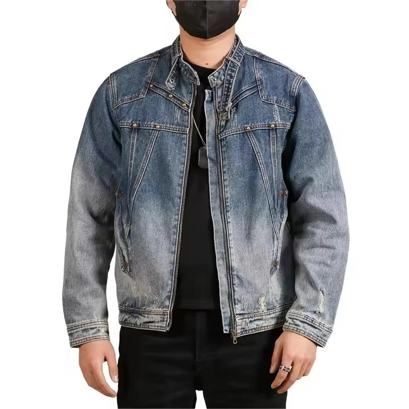 Men Stand Collar Loose Casual Gradient Splice Washed Denim Rivet Punk Rock Motorcycle Jacket Cityboy Plus Size Jeans Coat