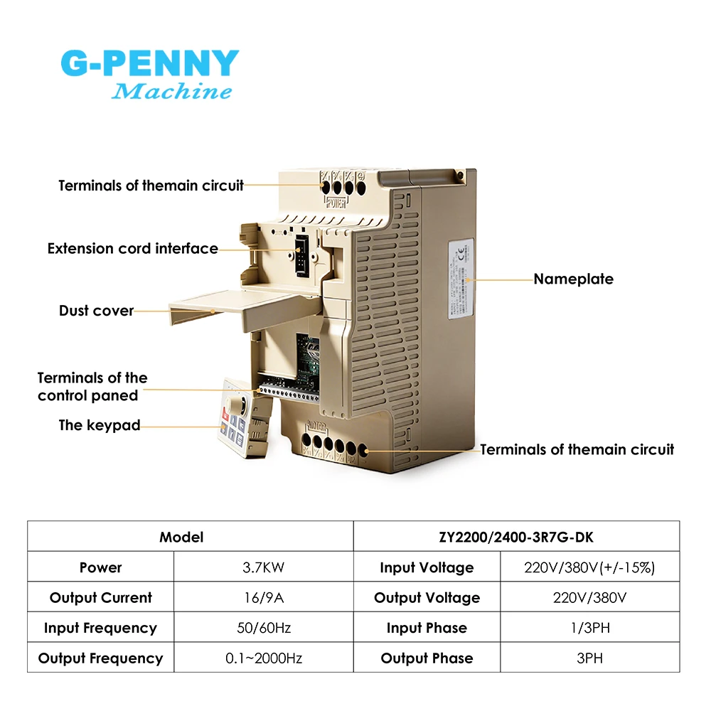 G-Penny 3.7kw‌ 220V/380V Vector Inverter ‌VFD 3 Phase Variable Frequency Drive Motor Speed Controller for CNC Machine Pump Fan