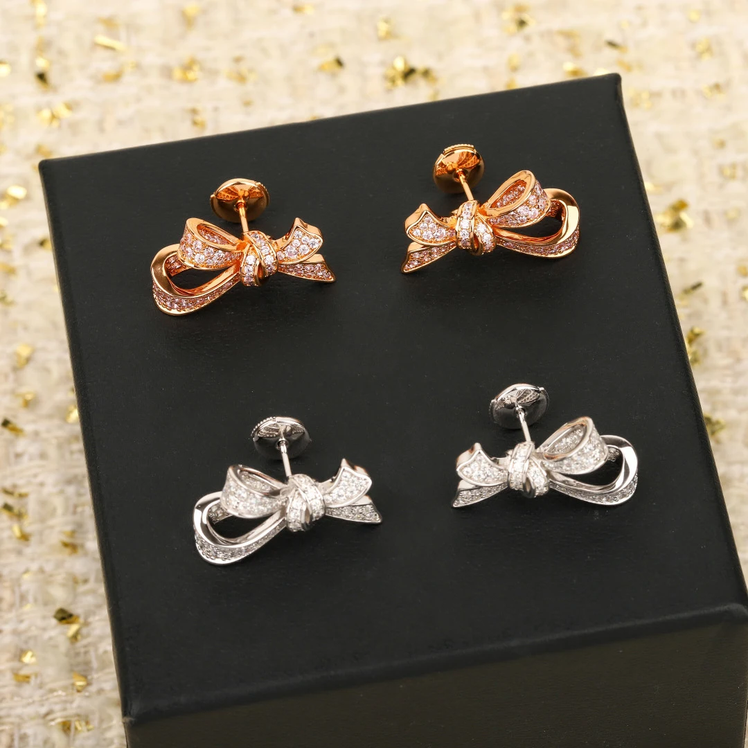 

Europe America Designer Rose Gold 925 Silver Diamond Crystal Bow Earrings Woman Dainty Jewelry Wedding Gift