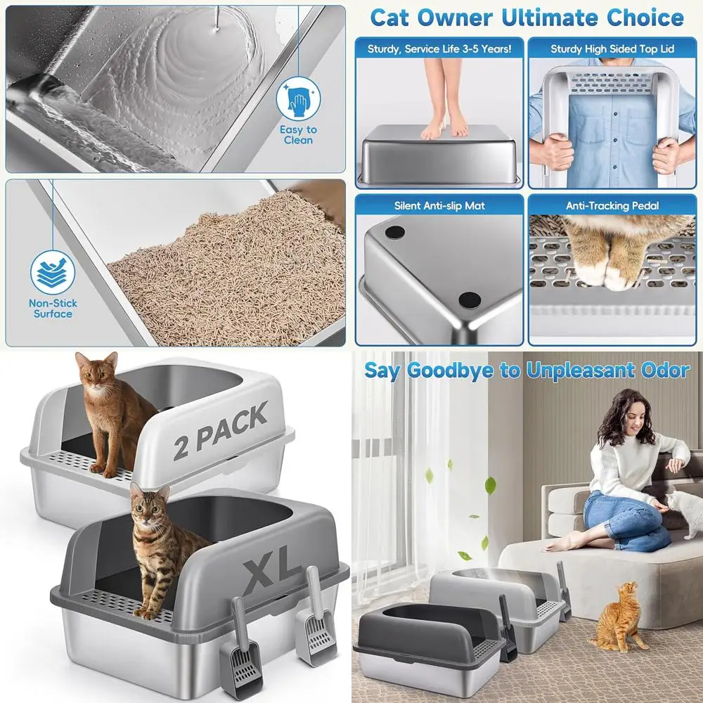 

Extra Large XL Stainless Steel Cat Litter Box with Lid, High-Sided Enclosed Design, 24L x 16W x 12H, Non-Sticky Surface, Include