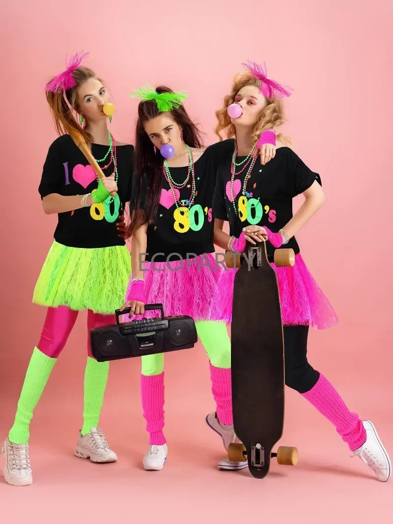 New Women 80s Costume Accessories Set for Halloween Cosplay Retro Party Costume Bracelets Fishing Nets Gloves Earring Necklace image 4