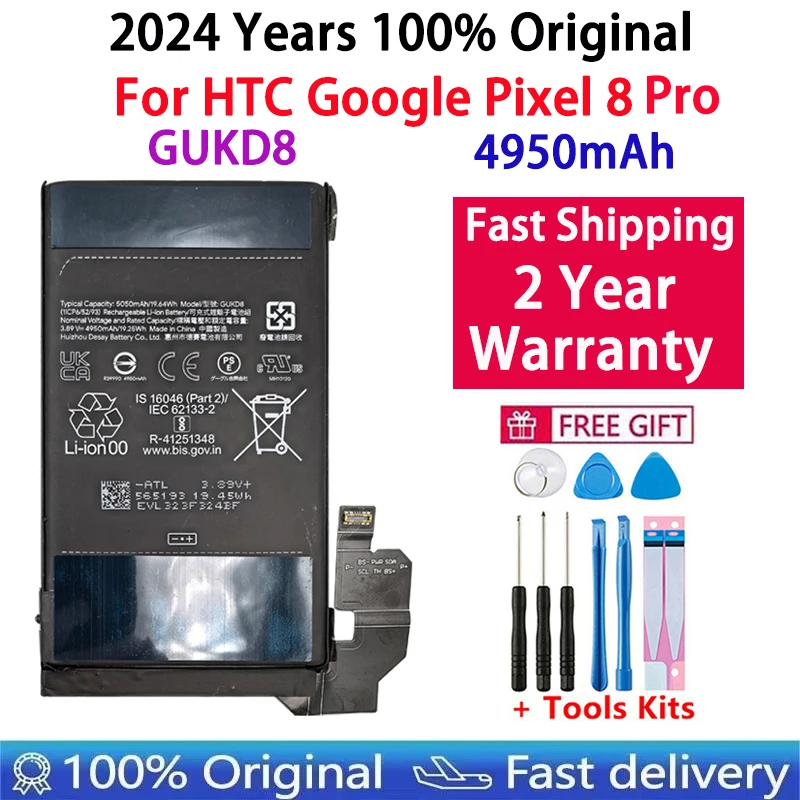 2024 Years New 100% Origina GUKD8 4950mAh For HTC Pixel8 Pro Phone Replacement Battery For Google Pixel 8 Pro Batteries Bateria