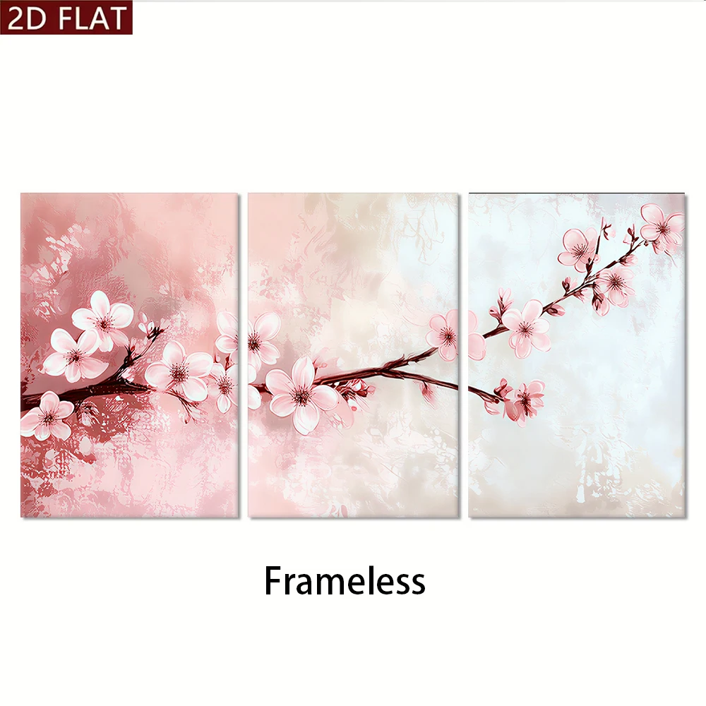 1 set of modern minimalist triple pink cherry blossom abstract art living room background frameless decorative painting 2D plan