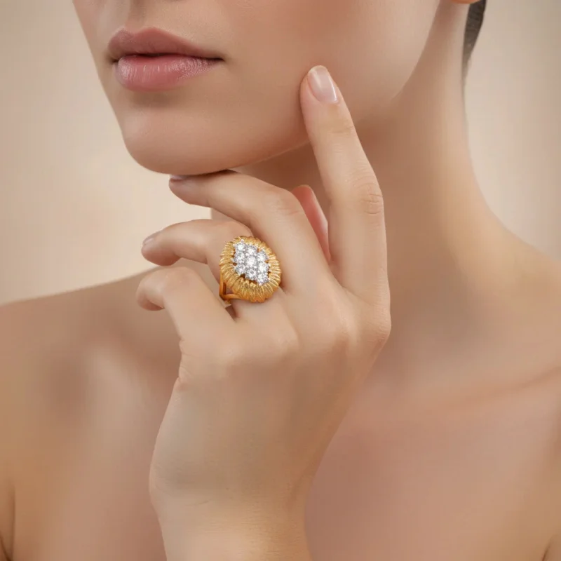 Litheline 24K Gold Plated Brass Rope-Textured Oval Ring, Marquise CZ Cluster Lead-free Nickel-Sensitive Piercings Friendly view 2
