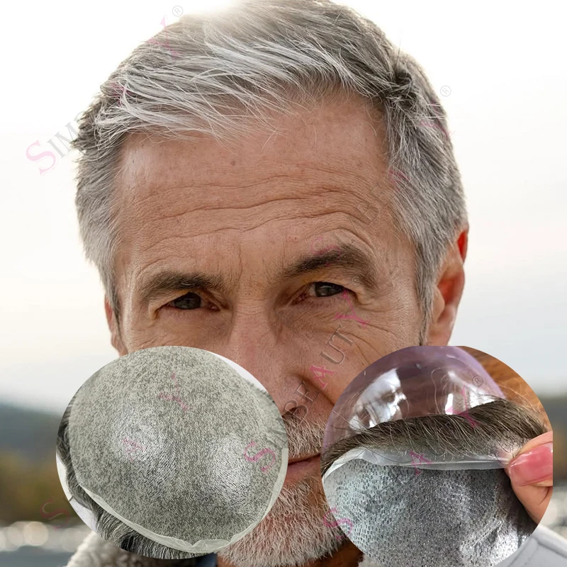 

1B80 240 # Серо-черный мужской парик из натуральных волос, 80% плотность, легкий, супертонкая основа 0.02 мм, система замещения волос при выпадении