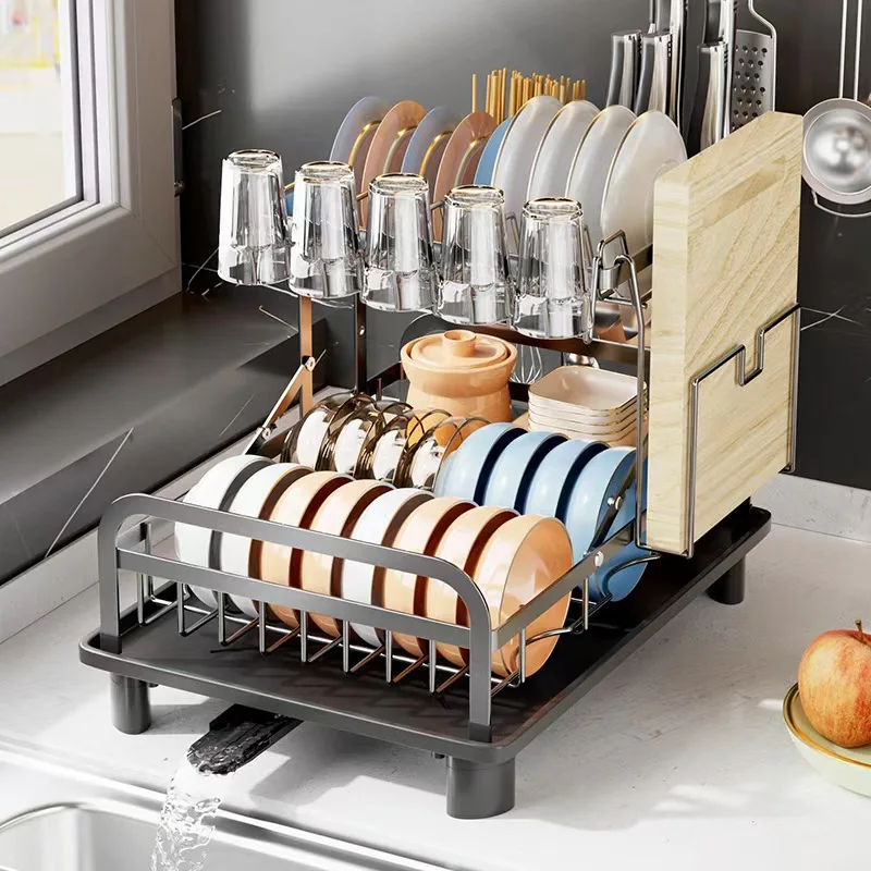 

Kitchen Dish Drainer Rack 2-Tier Utensil Holder with Knife Holder Countertop Drying Rack for Dish/Bowls Space-Saving Organizer