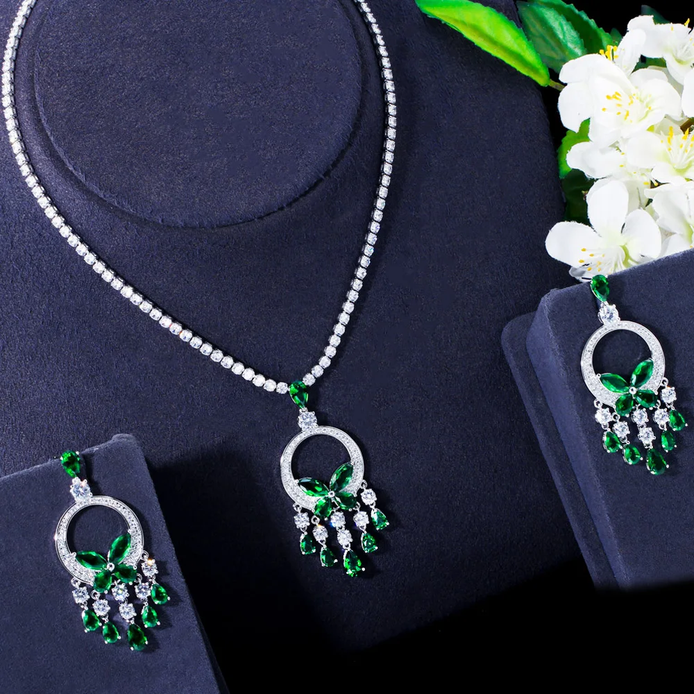 Pera Excellent Quality Green CZ Crystal Long Round Tassel Pendant Necklace and Earrings Sets for Women Prom Party Jewelry J515