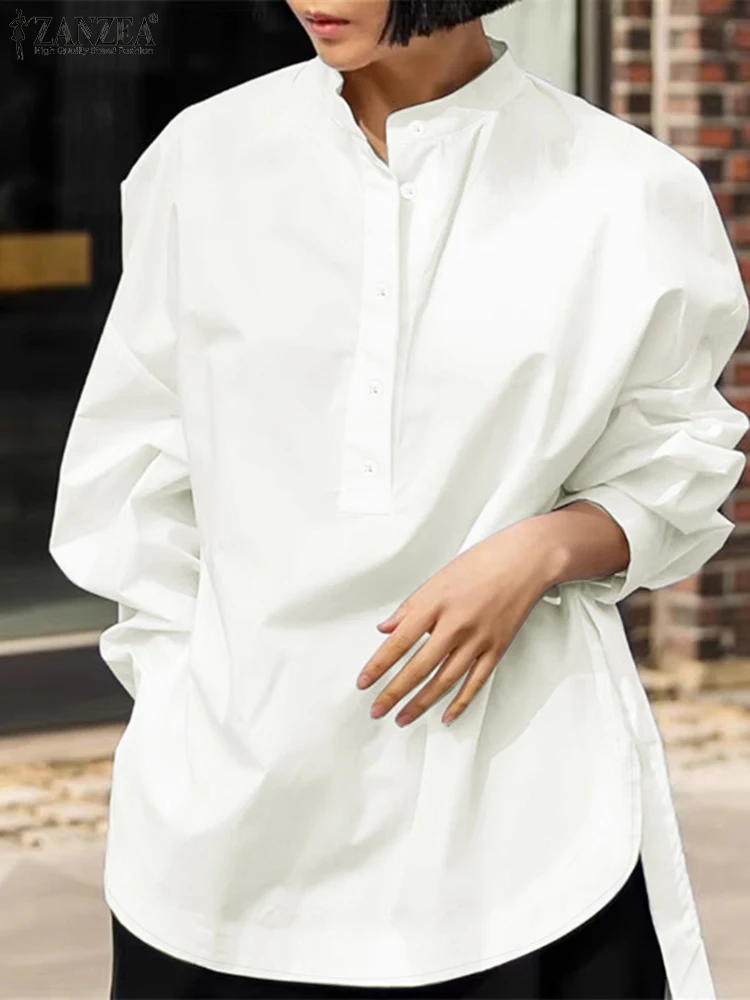 ZANZEA Camicie oversize da donna 2025 Moda autunno Colletto alla coreana Mezzo bottone Manica lunga Camicie Streetwear Top lunghi alti-bassi