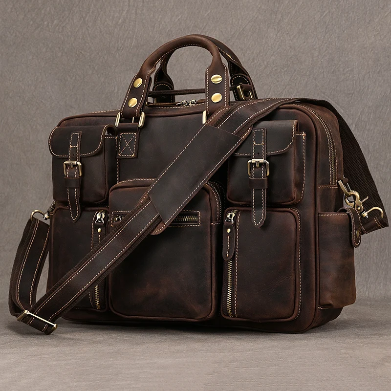 Luufan-maletín de cuero Crazy Horse Vintage para hombre, bolso de negocios de 15,6 pulgadas, de cuero de vaca, para ordenador portátil, bandolera de trabajo con archivos grandes