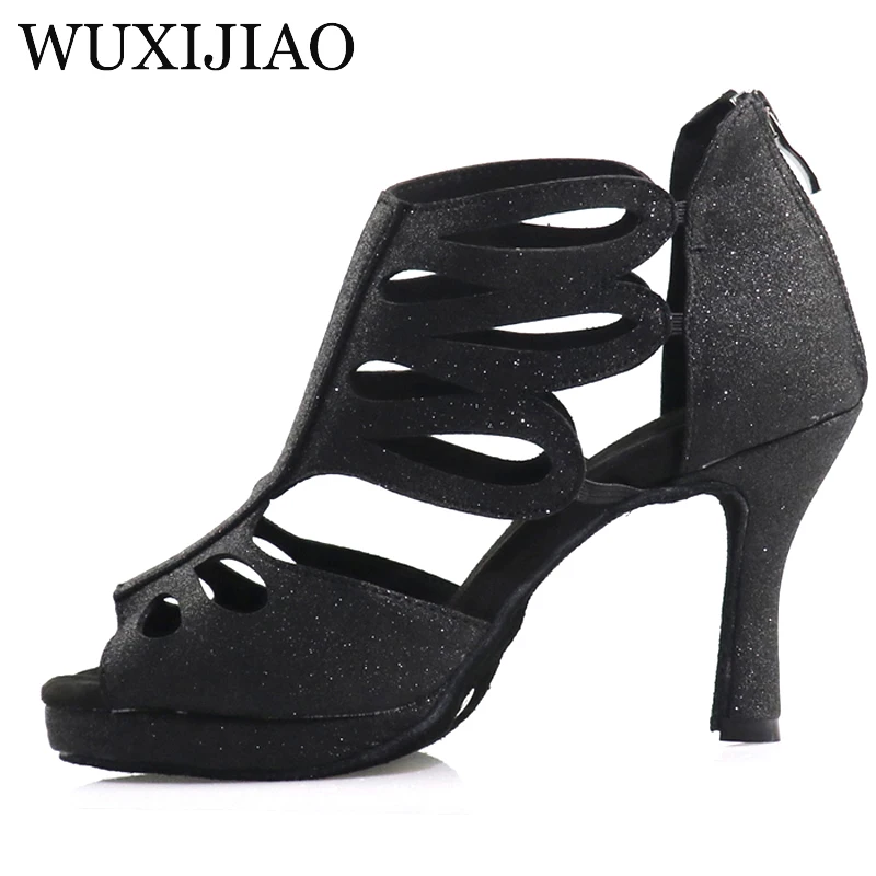 WUXIJIAO New High Top Dance Shoes White Black Glitter Cloth Ladies High Heels Salsa Ballroom Dance Shoes Girls Salsa Dance Shoes