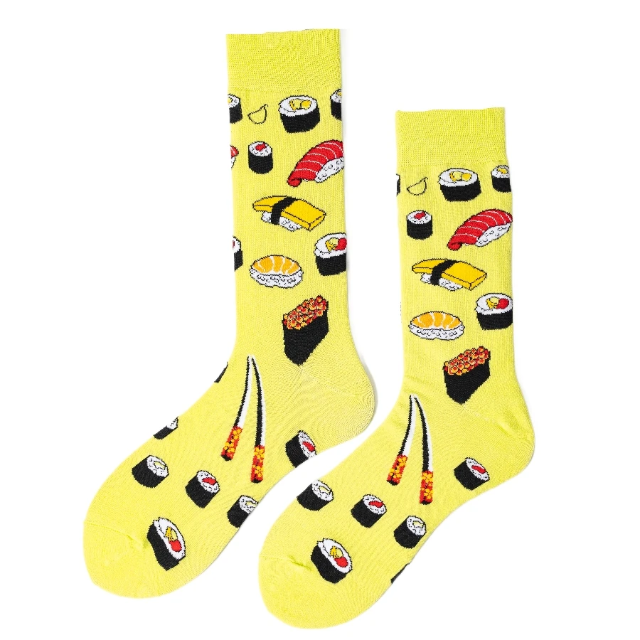 MYORED 1pair of yellow bottom sushi food pattern men's trend in tube socks cotton socks casual style