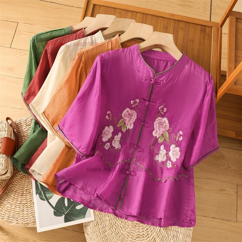 

2024 chinese vintage blouse national flower embroidery improved blouse oriental hanfu tops traditional stand collar folk blouse