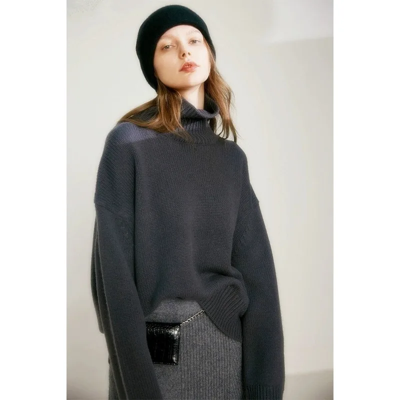 Europe United States autumn winter new high collared pure goat sweater female thick loose pullover sweater knitting base sweater