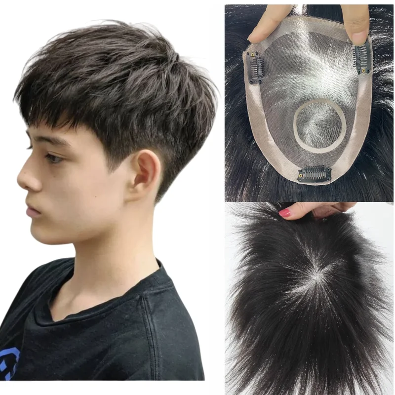 

100% Human Hair Men Toupee Mono Top Base 6 Inch PU Border Lace Mesh With Clips Hand Tied Construction Jet Black Men Wig