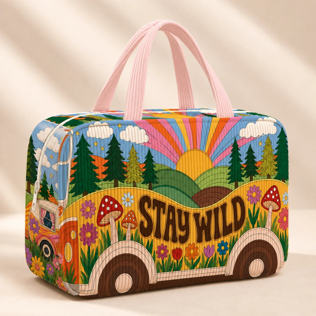 Travel Cosmetic Bag Retro Printed Makeup Organizer Portable Toiletry Case Stay Wild Handbag Beauty Storage Pouch for Vacation