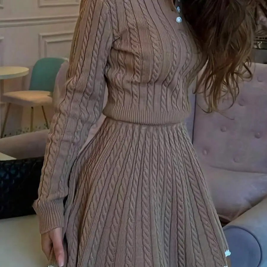 

Womens Cable Knit Two-Piece Set: Long Sleeve Top And Pleated Mini Skirt