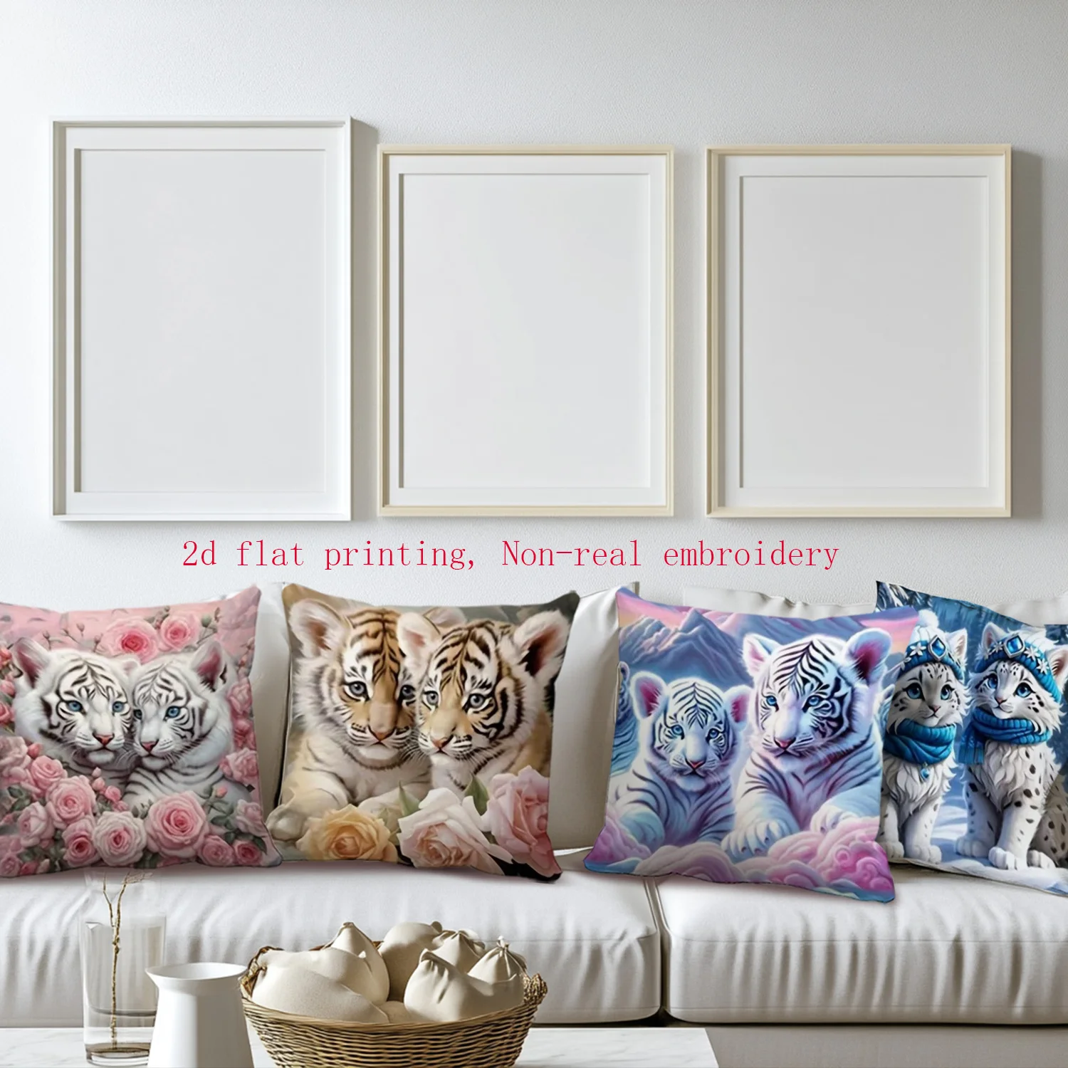 2D Flat - Un juego  4 fundas  almohada en un estilo morno y cotidiano, con estampados 2D acuados para un tema  animale