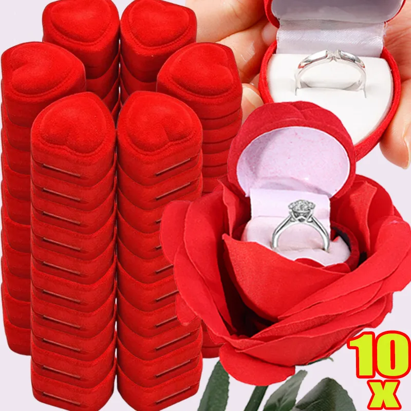 

Flocking Red Heart Rose Velvet Ring Box Wedding Jewelry Display Case Romantic Valentine Gift Lovers Couple Engagement Proposal