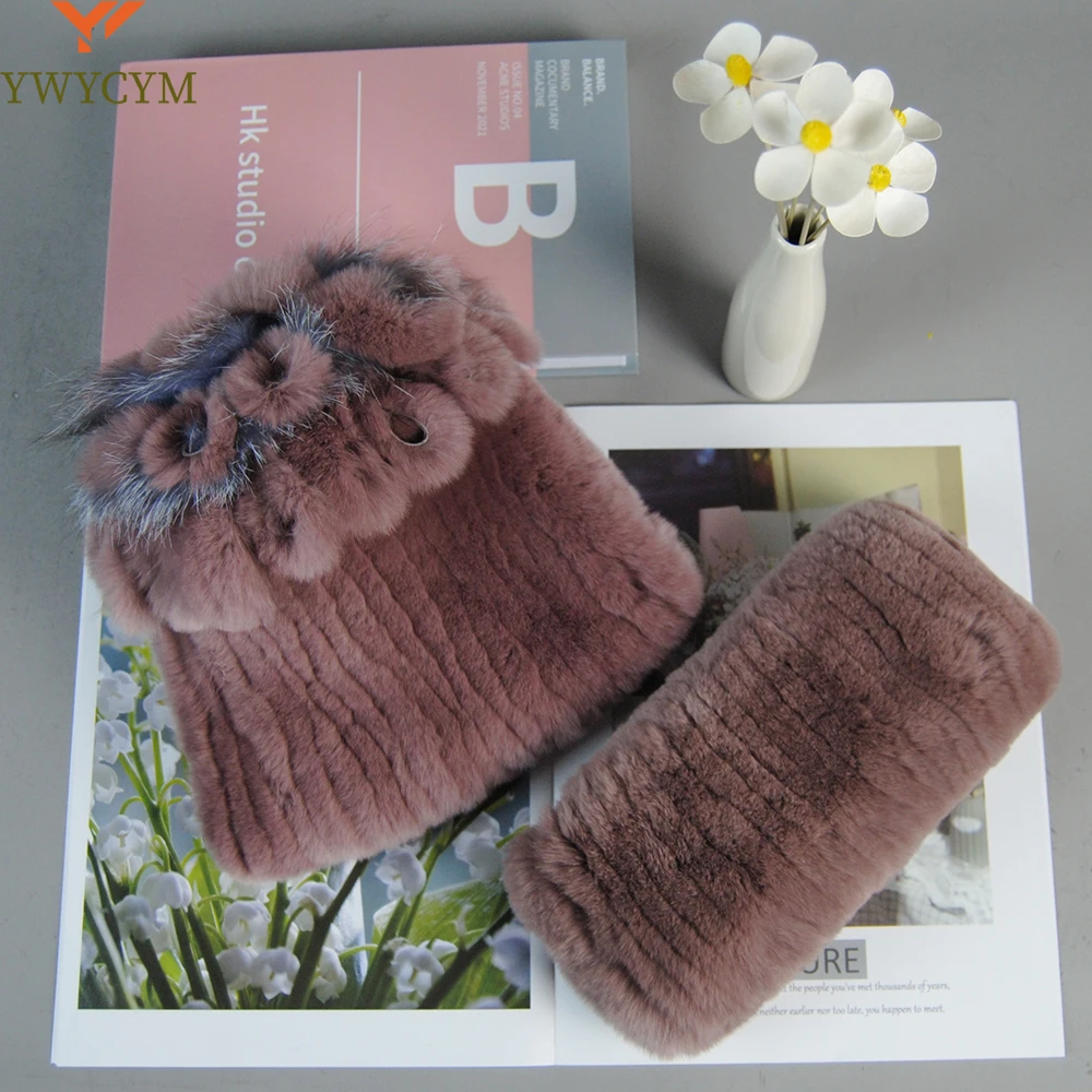 

Natural Real Fur Hat Scarf 2 Pieces Women Winter Warm Real Rex Rabbit Fur Hats Scarves Lady Knitted Rex Rabbit Fur Cap Muffler