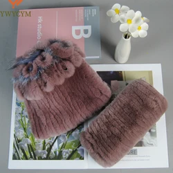 Natural Real Fur Hat Scarf 2 Pieces Women Winter Warm Real Rex Rabbit Fur Hats Scarves Lady Knitted Rex Rabbit Fur Cap Muffler