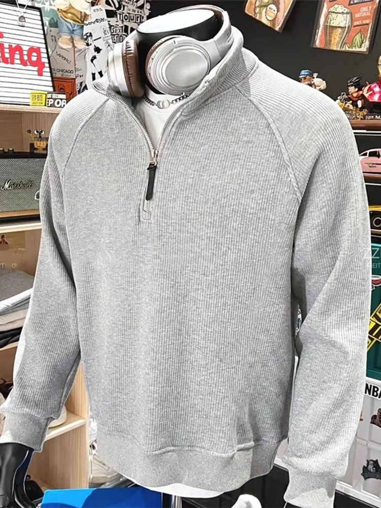 

Мужская толстовка на молнии с воротником-стойкой, осенне-зимняя, винтажная текстура, модная, с длинным рукавом, повседневная, уличная, молодежная, стильная