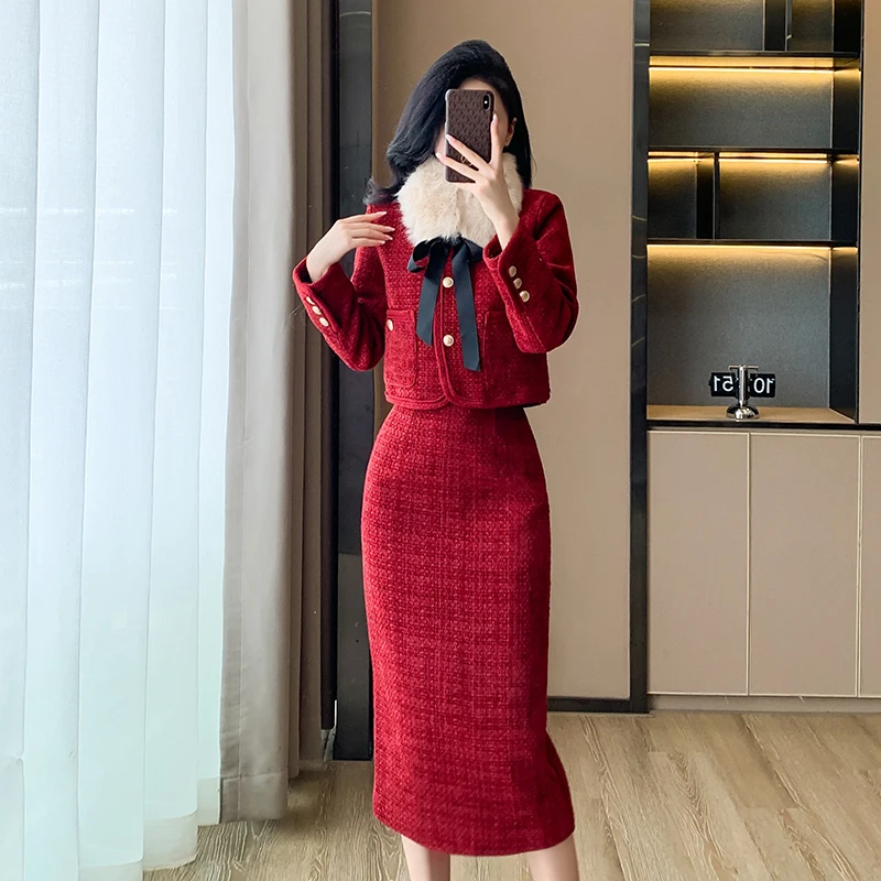 UNXX Real Shot Popular High-End Socialite Red Classic Style Fleece-Lined Jacket with Winter Skirt Two-Piece Set High Quality