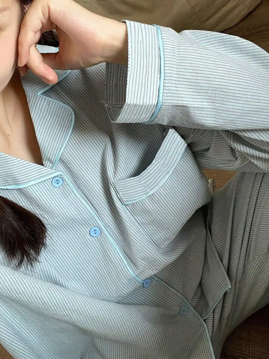 Women Blue Striped Long Sleeve Pajama Set Loose Fit Sleepwear For Spring Autumn