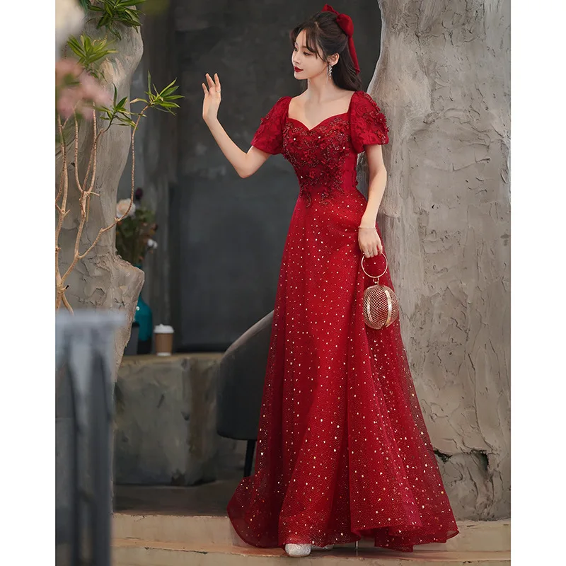 Burgundy Elegant Square Collar Puff Sleeve Chiffon Evening Dress Back Bandage Prom Gowns Cheongsam Robe De Soiree Vestidos