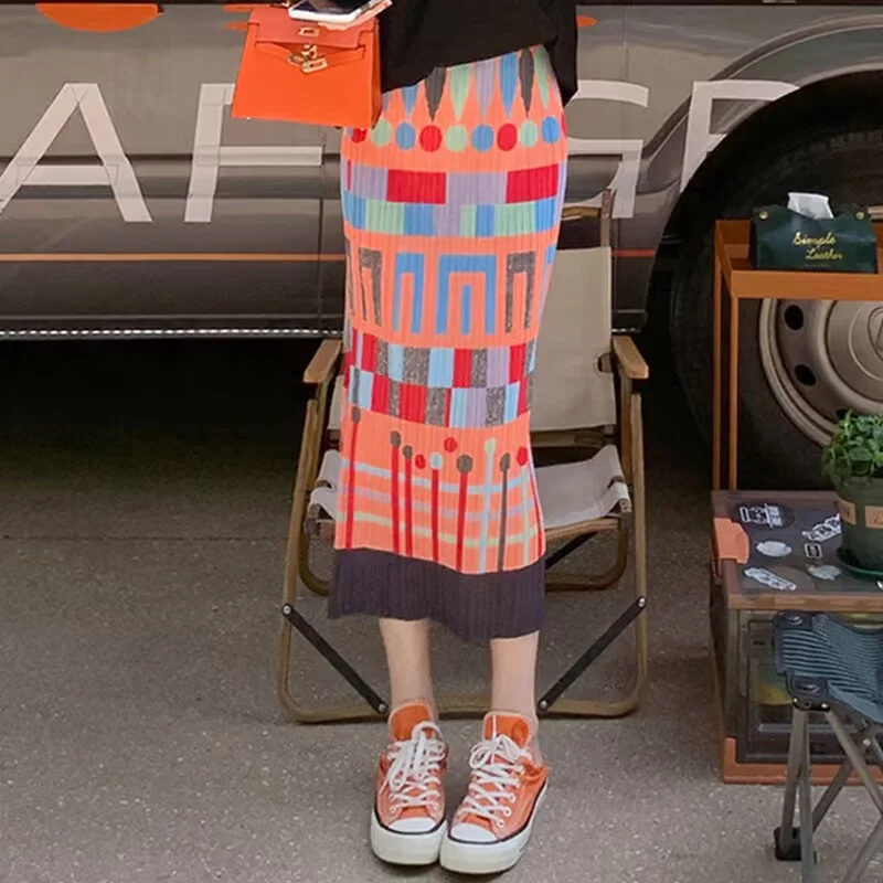

Print Vintage Women Midi Skirt Summer One-step Skirt Fashion Split Sexy Skirt Beach Holiday