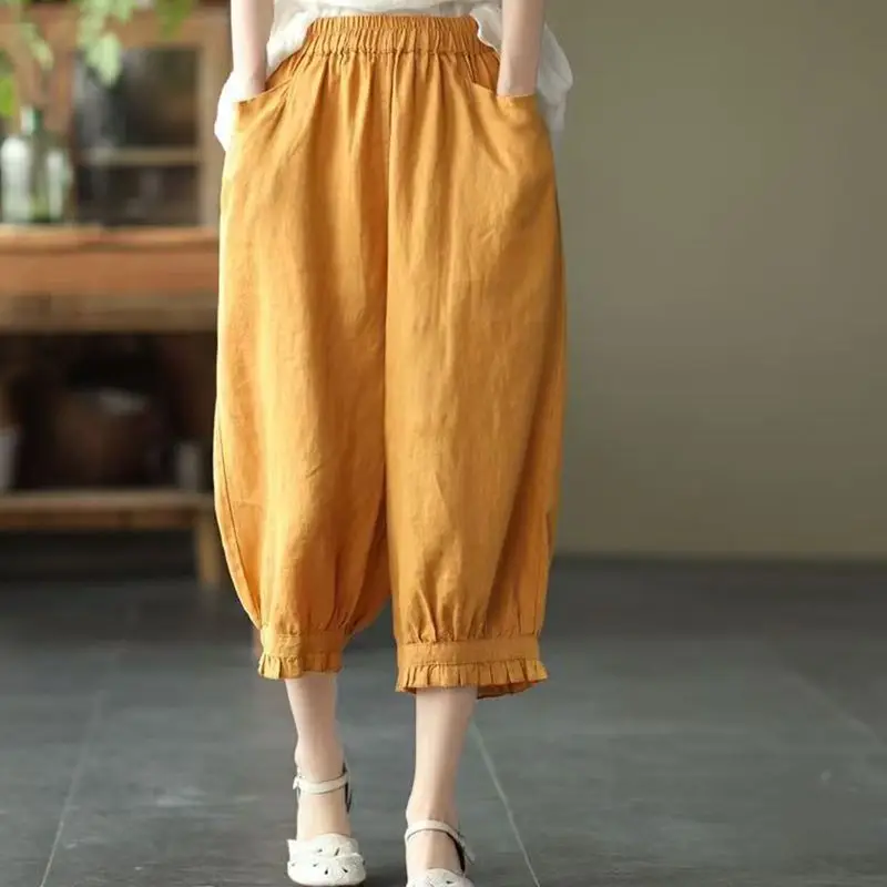 Vintage verão algodão e linho harem calças femininas casual sólido fino cintura elástica capri calças cortadas 2025 novo