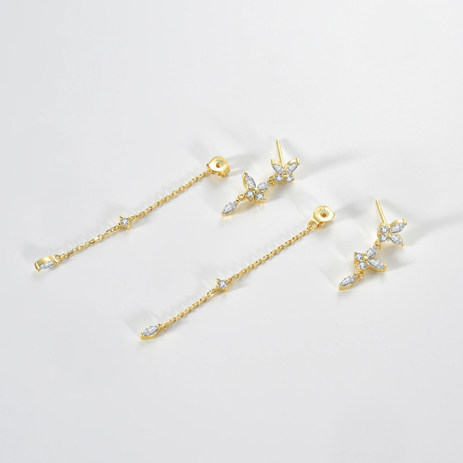ANDYWEN 925 Sterling Silver Gold Clear Butterfly Zircon Chain Drop Earring Fine Jewelry Rock Punk Fashion Crystal Clips Wedding