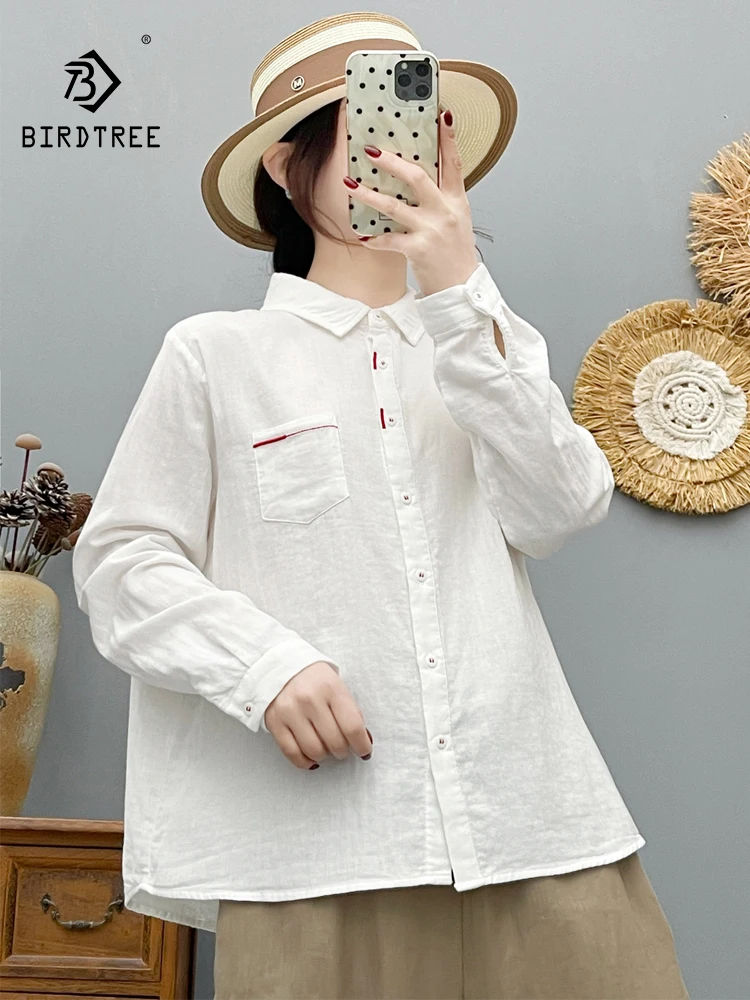 

Новая женская хлопковая рубашка с длинным рукавом Весна 2026, с отложным воротником и карманом, в стиле Mori Girl, повседневная свободная блузка T63959CC