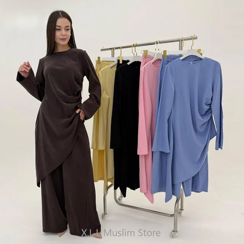 

Мусульманские комплекты, исламская одежда, женская Абая, Дубай, роскошная осенняя мода, скромная однотонная длинная рубашка Ид Рамадан + брюки из двух предметов