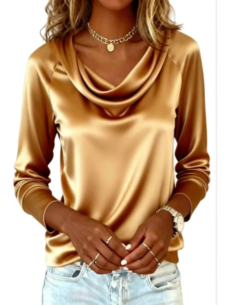 Women - Luxurious Draping Long Sleeve Silk-Like Top Chic Everyday & Office Wear