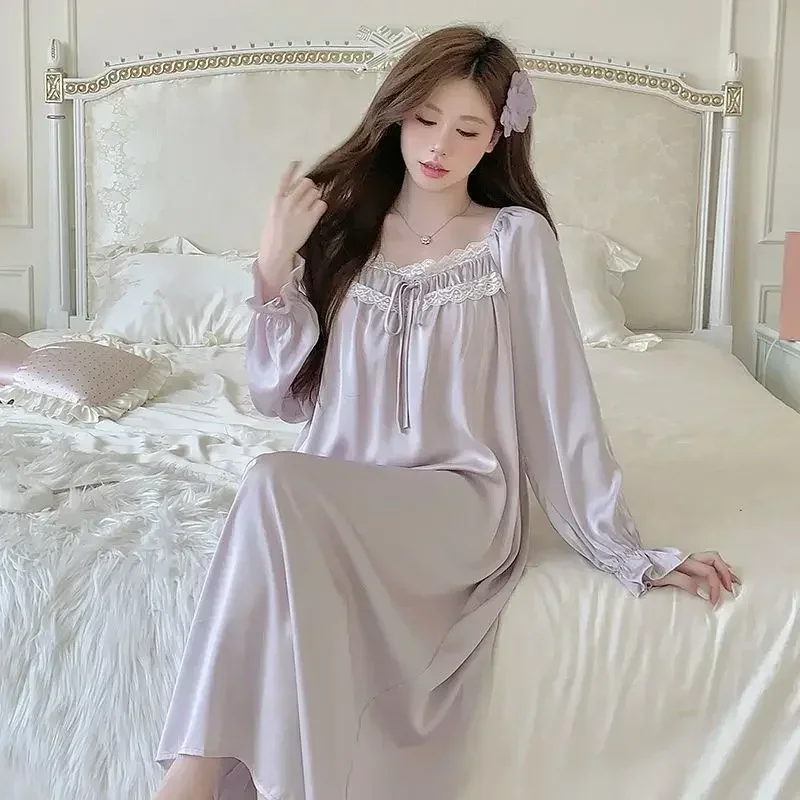2026 Autumn Long Sleeve Sexy Lace Ice Silk Satin Nightgowns for Women Korean Cute Sleepwear Night Dress Nightdress Home Nighty 3