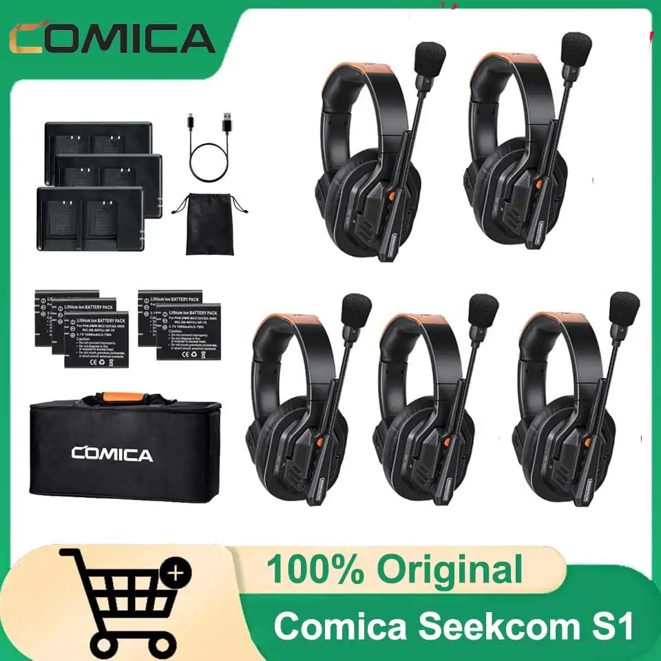 COMICA Seekcom S1 Wireless Intercom Headset System for 5 Users with Full-Duplex Communication AI/ENC Cancellation with PPT Mute