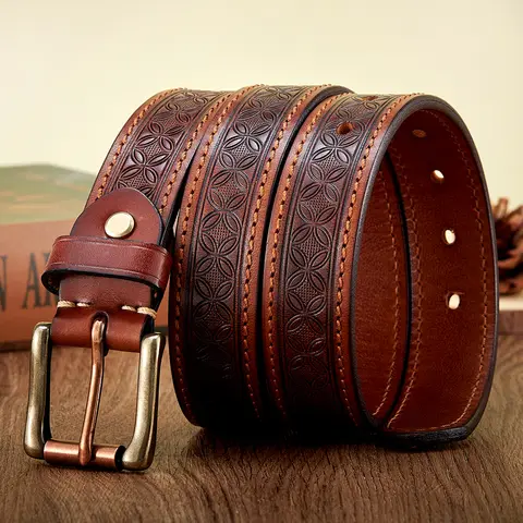 High Quality Embossed Western Cowboy Brass Buckle Belt Real Thick Genuine Leather Designer Men Belt Punk Jeans Belts For Men