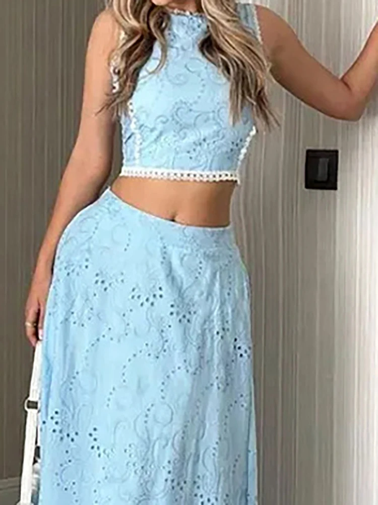 

Fashion O-neck Pullover Top & Skirt Outfits Casual Sleeveless Long Skirt Two Piece Sets Elegant Embroidery Hollow Out Skirt Suit