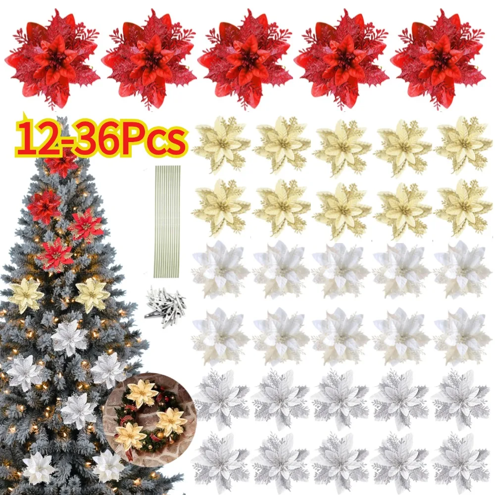 12/24/36Pcs Christmas Glitter Artificial Flowers Decorative Xmas Tree Poinsettia Flower Hanging Ornament for Stairs Window Decor