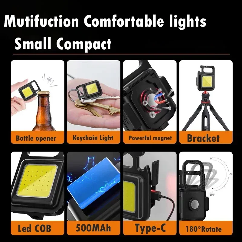 Mini lampe de poche portable aste par USB, lampe de travail COB, porte-clés LED, urgence extérieure, camping, tire-bouchon, pêche