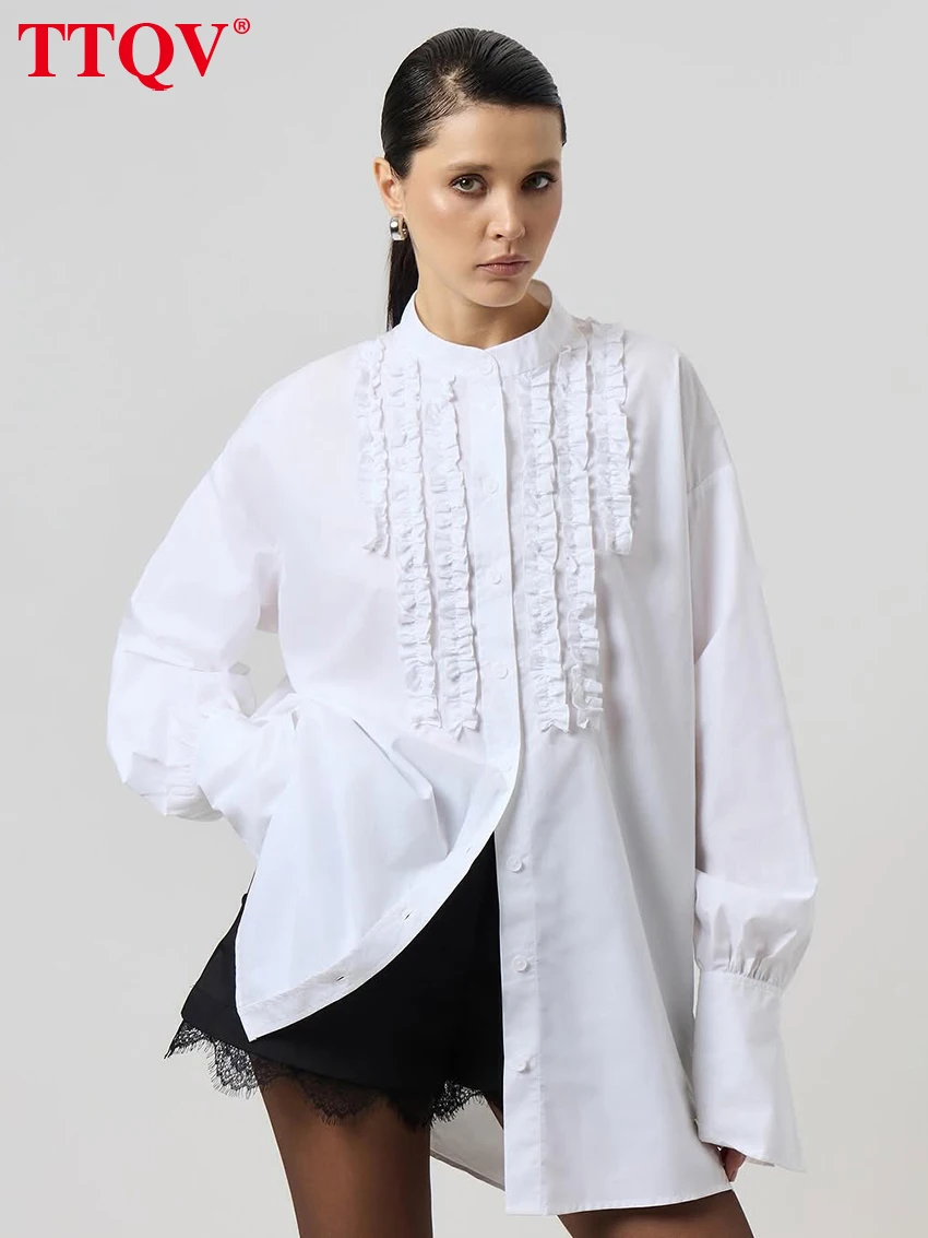 

TTQV Fashion Loose White Cotton Women Blouse 2026 Casual Stand Collar Long Sleeve Shirt Elegant Classic Top Female Clothing