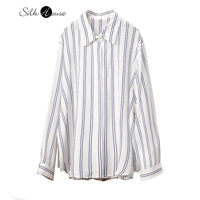 

2026 Women's Spring New Vertical Stripe 100% Natural Mulberry Silk Crepe De Chine Commuter Simple Lapel Long Sleeve Shirt
