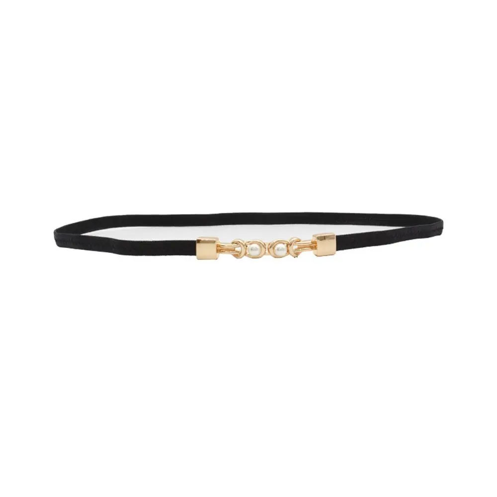 Simple Elegant Double Pearl Knot For Women Metal Buckle Thin Waistband Leather Belt Dress Decoration Female Waist Strap