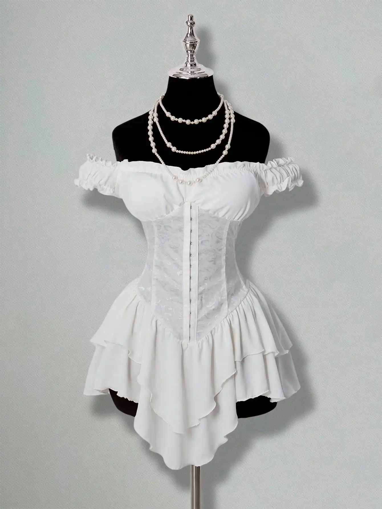 

White Off-Shoulder Corset Mini Dress with Ruffled Hem and Lace Panel
