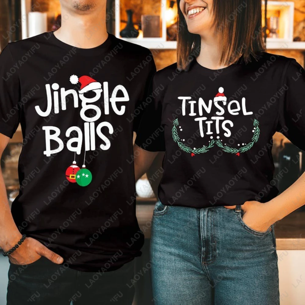 Divertente coppia di Natale T-shirt Jingle Balls Cappello di Natale Streetwear Magliette grafiche Natale Uomo Donna Abbigliamento Girocollo Top Regalo