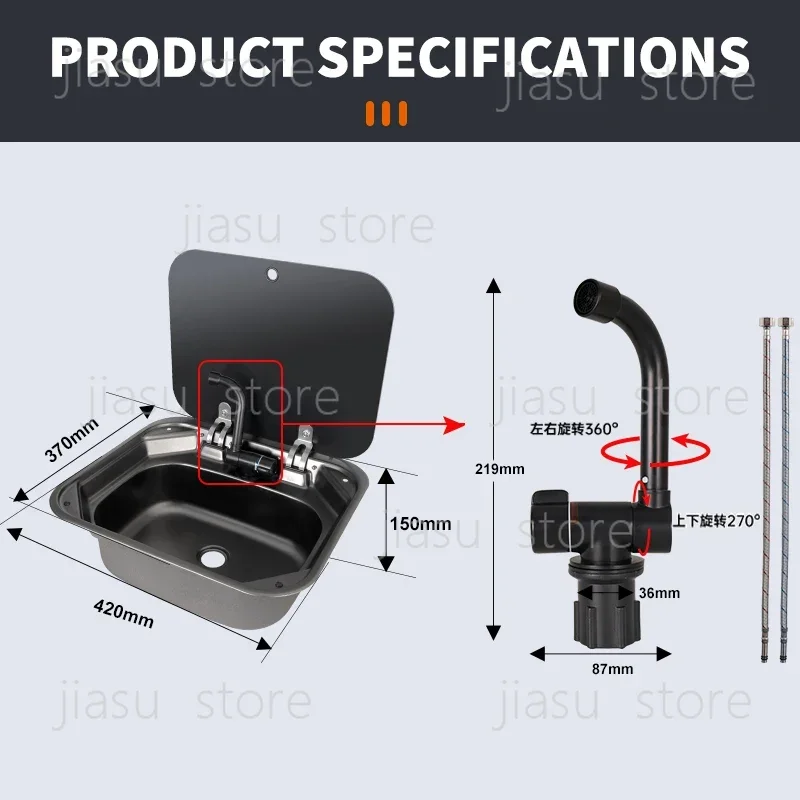 Stainless Steel RV Kitchen Sink with Foldable Faucet, 304 Steel & Tempered Glass Cover | Wholesale