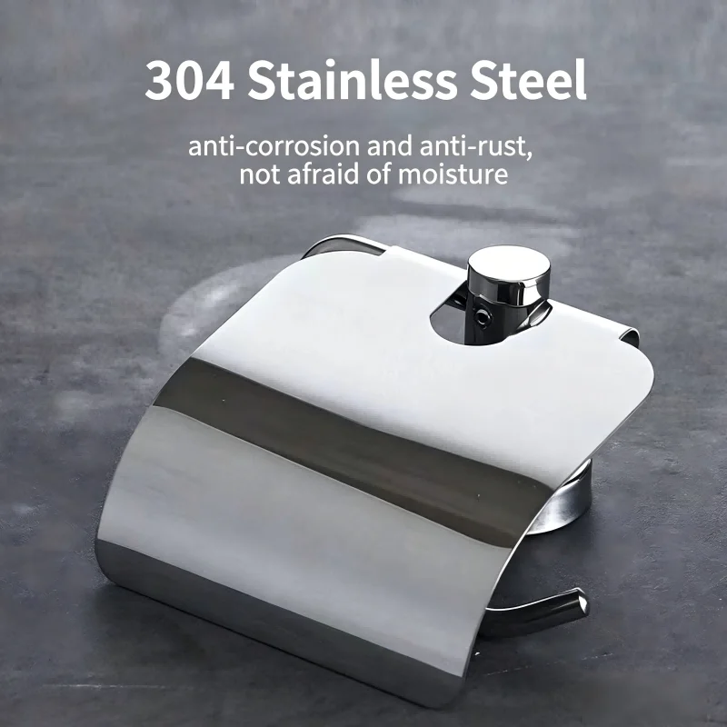 

304 Stainless Steel No Drilling Toilet Paper Holder with Cover, Wall Mount Tissue Paper Roll Holder – Rustproof, Large Capacity