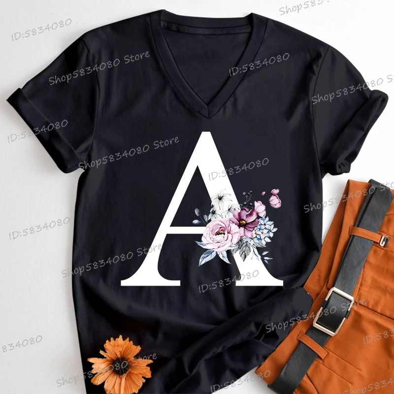 Letter B Floral T Shirts Women English Alphabet Birthday Gift Women 26 Initials Flower Classic Tops Tees Alphabet Floral T-shirt