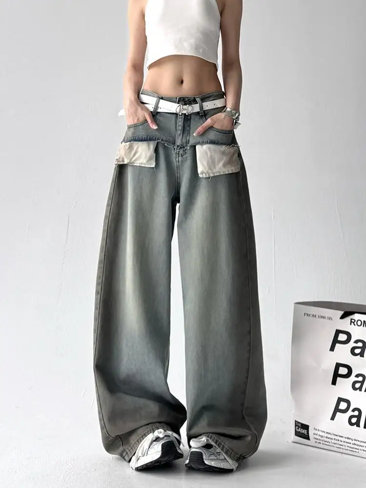 Amerikaanse Sle Vintage denim jeans met wijde pijpen, dames hoge taille, rechte lange broek, splitsontwerp, lente 2022, katoen, elastisch...