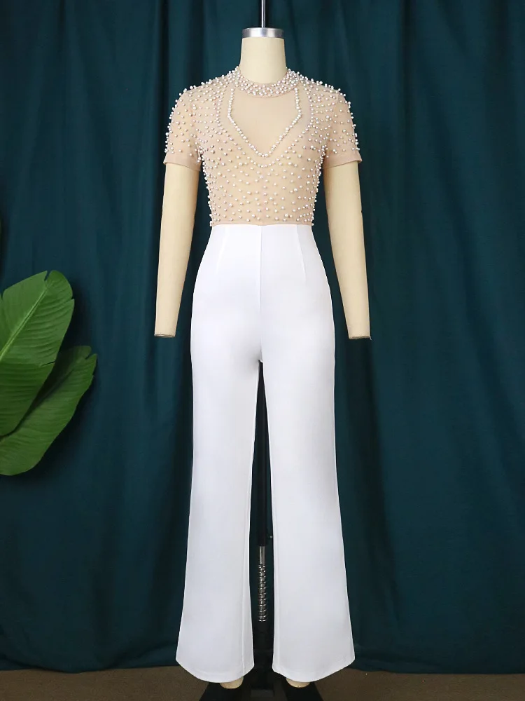 Casual Beading Sheer Elegant Jumpsuit Women One Piece Outfit 2023 Summer Fashion Patchtwork Pants Female Party Luxury Jumpsuit